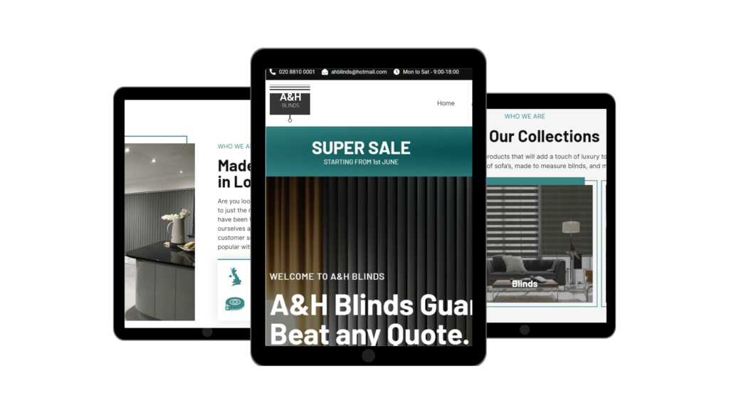 Screenshots of A&H Blinds website featuring the homepage with a Super Sale banner and product collections for custom blinds and curtains.