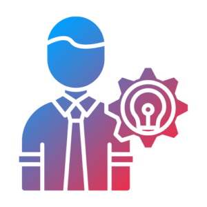 Icon of a man with a gear and lightbulb, symbolizing our IT Consultancy services focused on optimizing and strategizing software solutions.