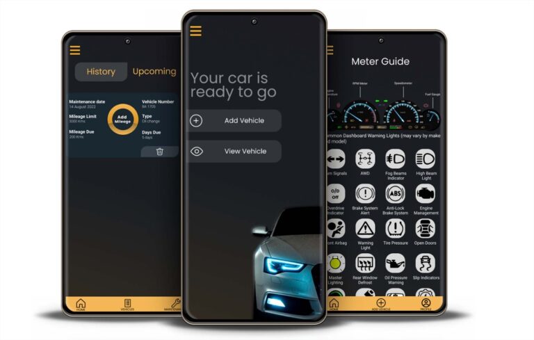 Screenshots of Vehiman app displaying vehicle maintenance tracking features, including history, upcoming maintenance, and a dashboard warning lights guide on mobile screens.