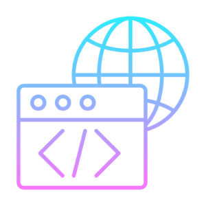 Icon depicting a globe with HTML tags, representing our Web Development services using the latest technologies.