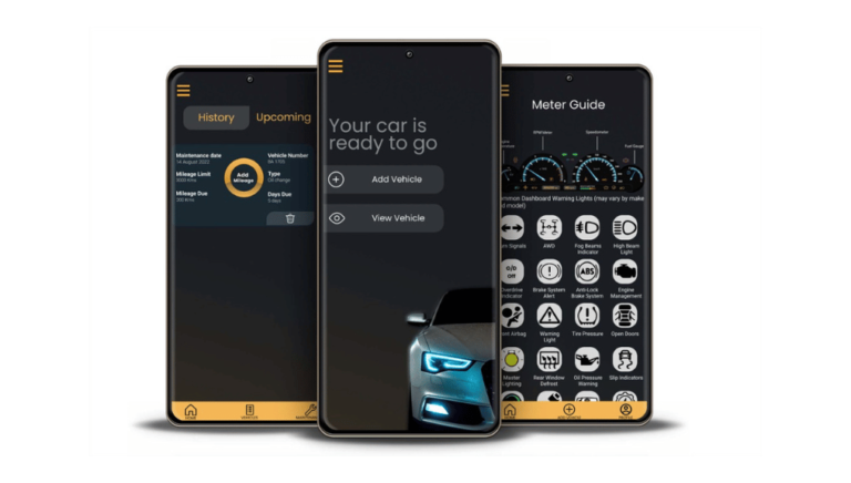 Screenshots of Vehiman app displaying vehicle maintenance tracking features, including history, upcoming maintenance, and a dashboard warning lights guide on mobile screens.